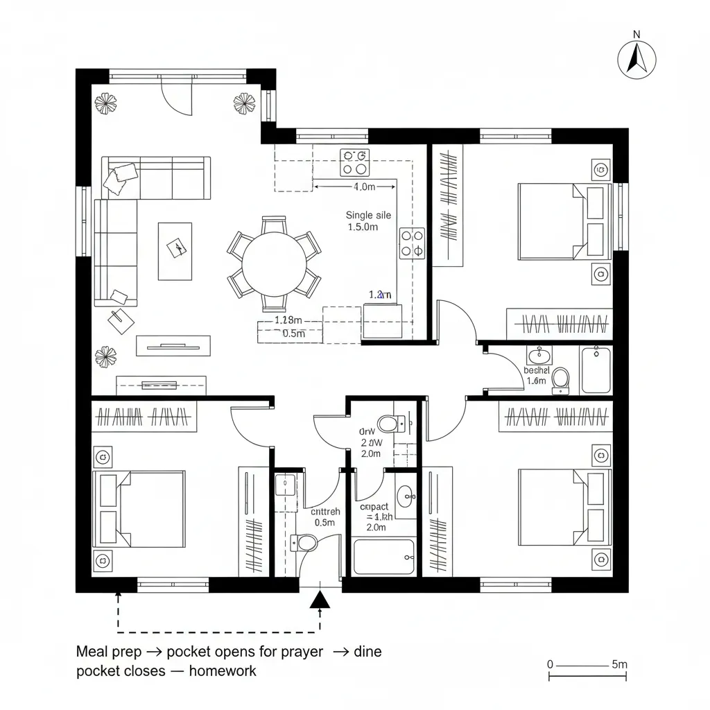 Top-down compact grid plan with sliding pooja pocket by dining