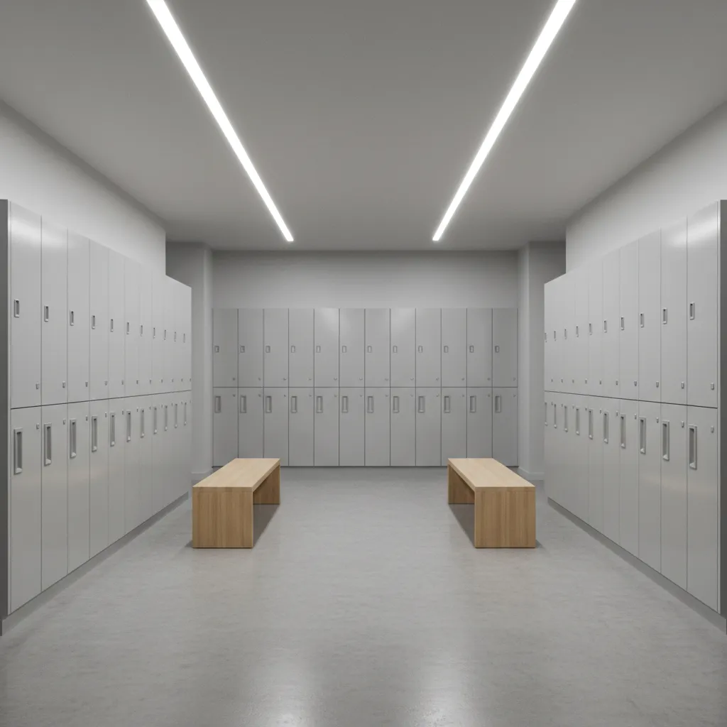 Small gym locker room with organized lockers and central walkway