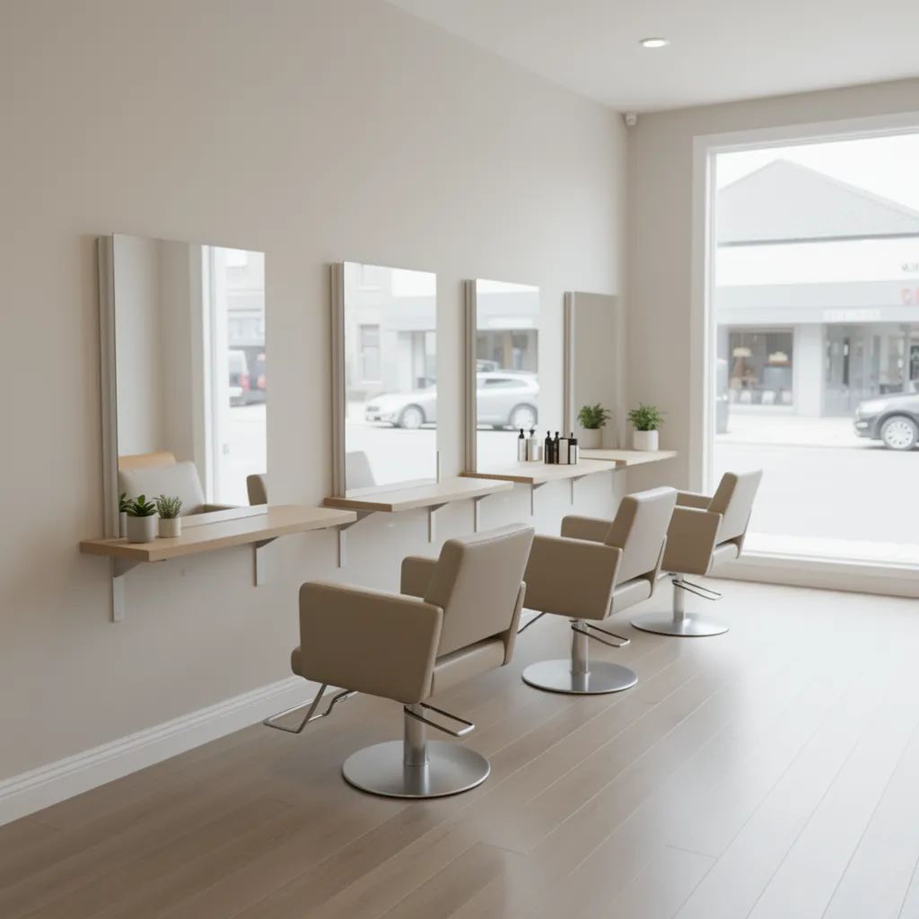 Small hair salon interior with wall mounted styling stations and mirrors