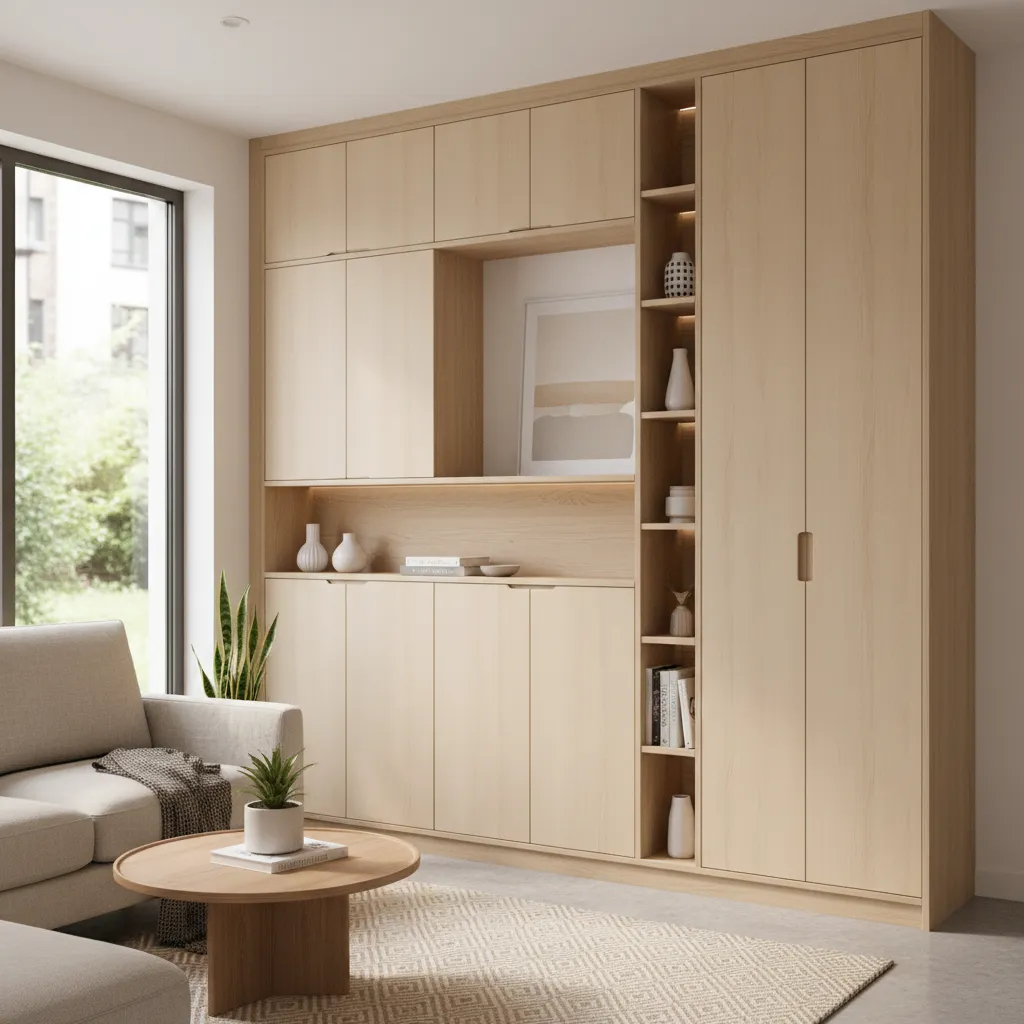 Small living room with a modern compact hall almirah and organized shelves