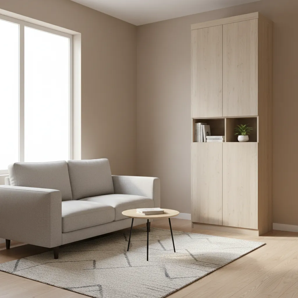 small living room with slim vertical hall almirah cabinet