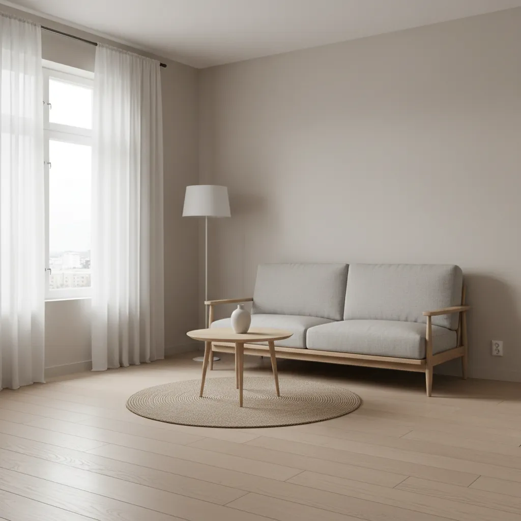 Small hall interior with light neutral colors and compact sofa layout