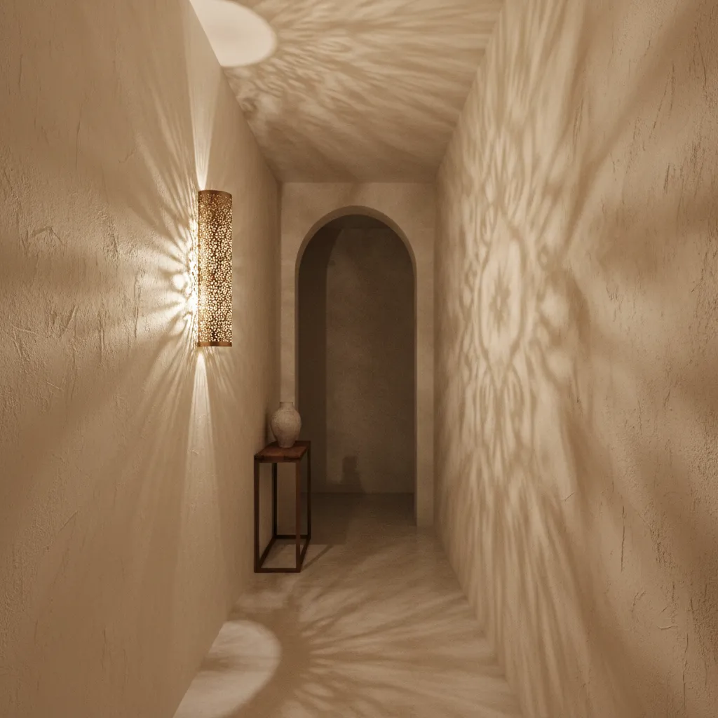 Slim Moroccan wall lantern installed in a narrow hallway