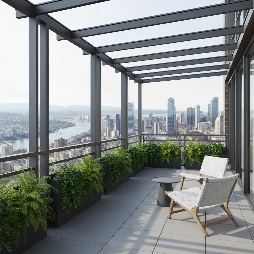 High-rise apartment balcony with slim frame transparent roof