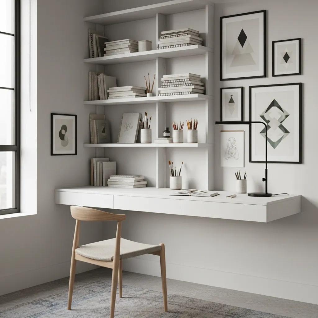 Small home art corner with wall desk and shelves