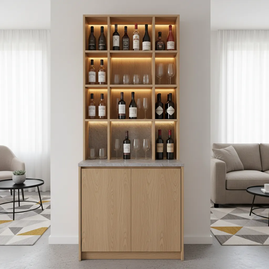 Pequeño mueble bar compacto con estantes y almacenamiento vertical