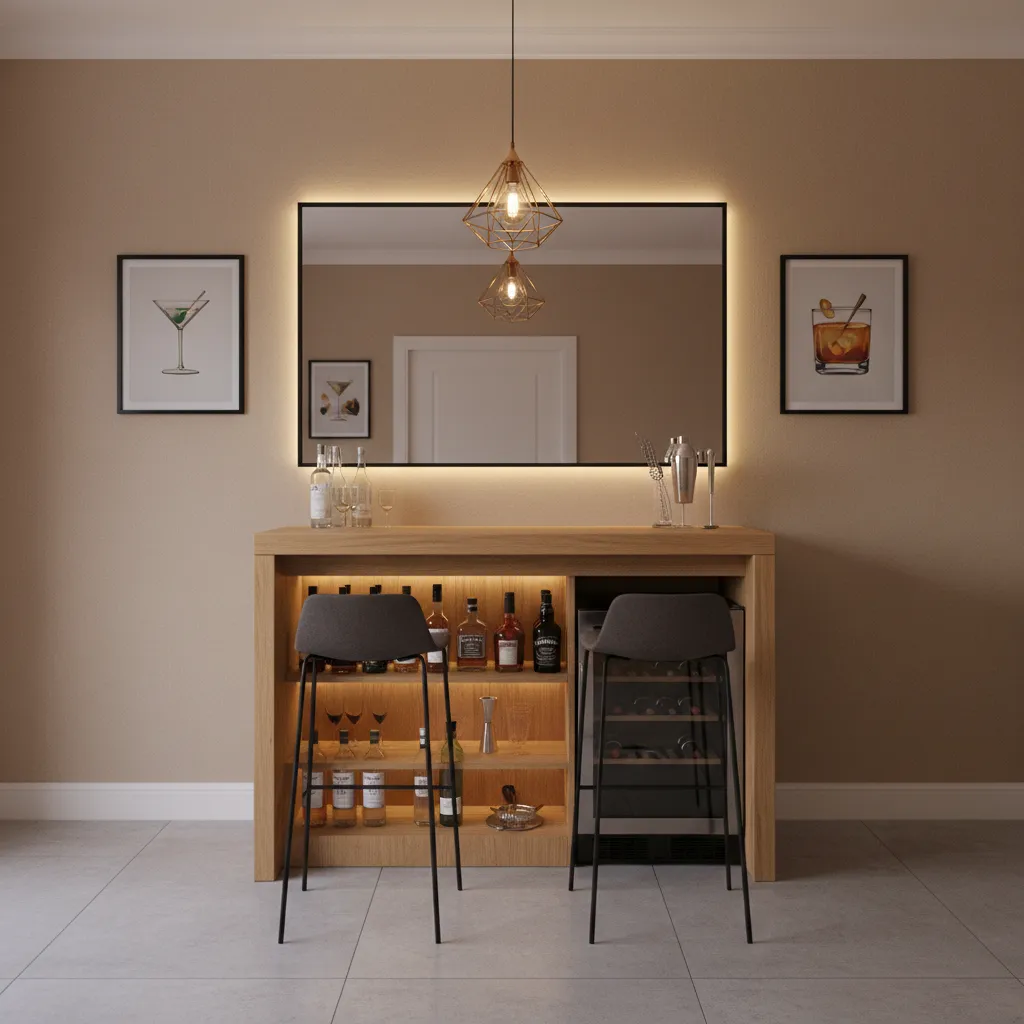 compact home bar with mirror and simple wall decor