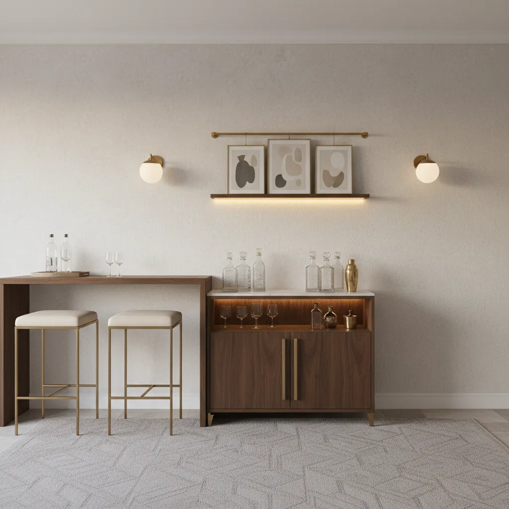 Compact apartment home bar with cabinet and wall decor