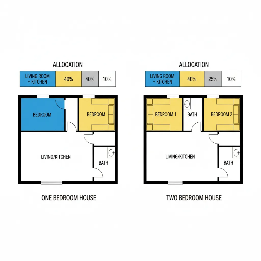 diagram comparing space allocation between one bedroom and two bedroom small house layouts