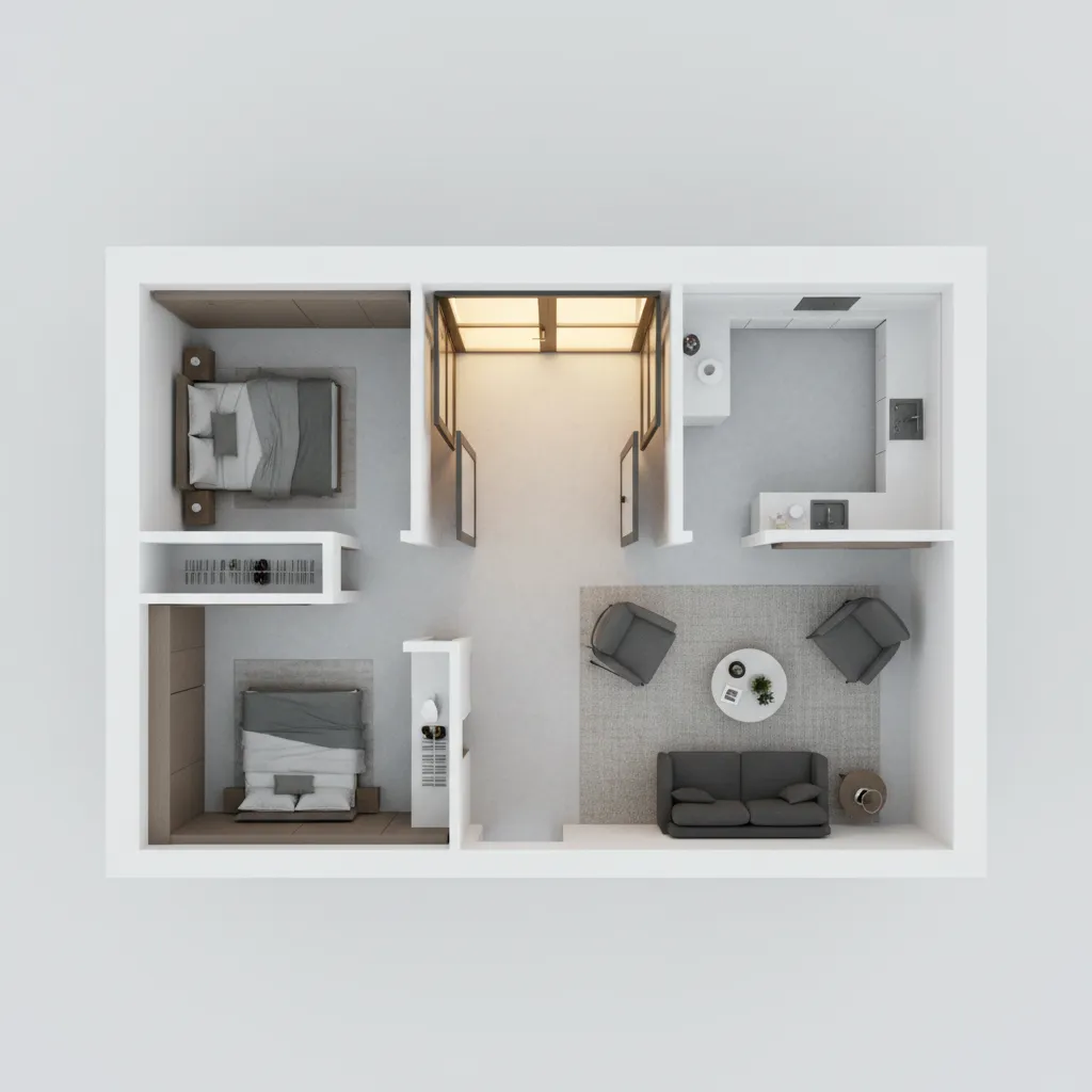 small home floor plan showing double door placement