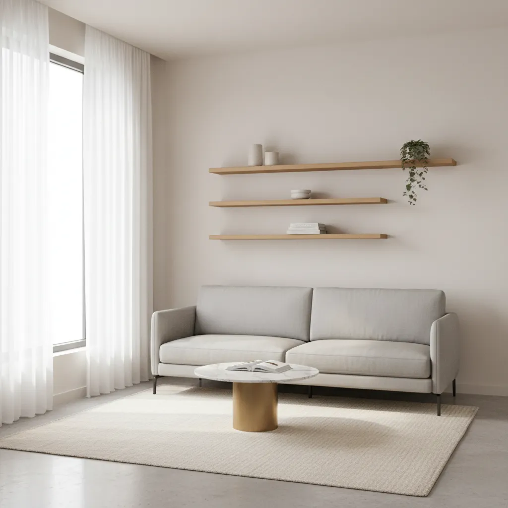 Small living room with slim sofa and space efficient furniture layout