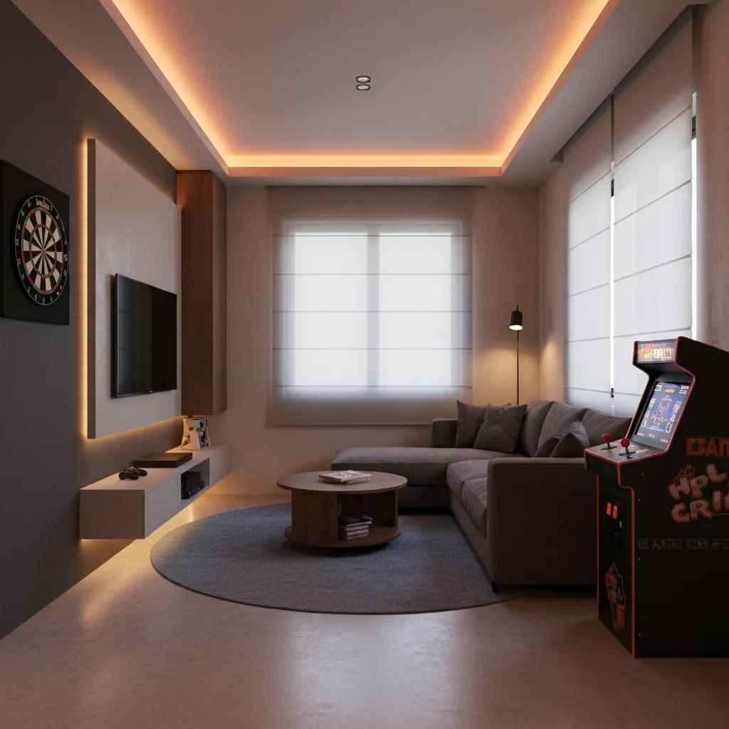 Small adult game room with wall mounted games and compact seating layout