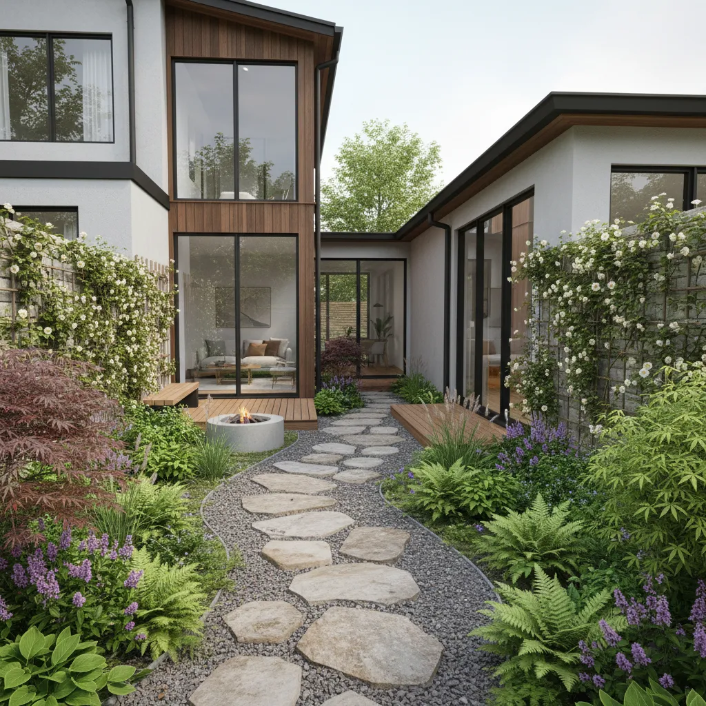 Example layout of a compact house garden with plants and walkway