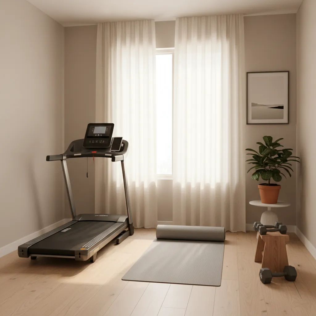 Small apartment fitness corner with compact treadmill and minimal equipment