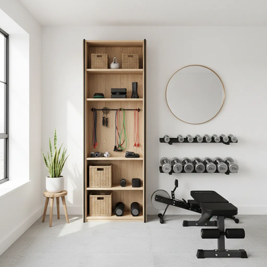 Gimnasio compacto en una habitación pequeña con almacenamiento vertical