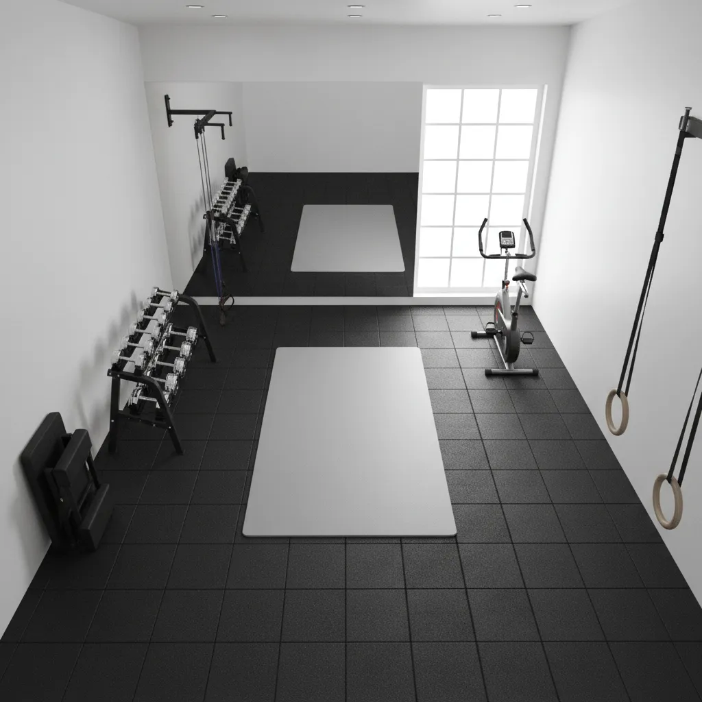 small home gym floor layout showing clear workout zone