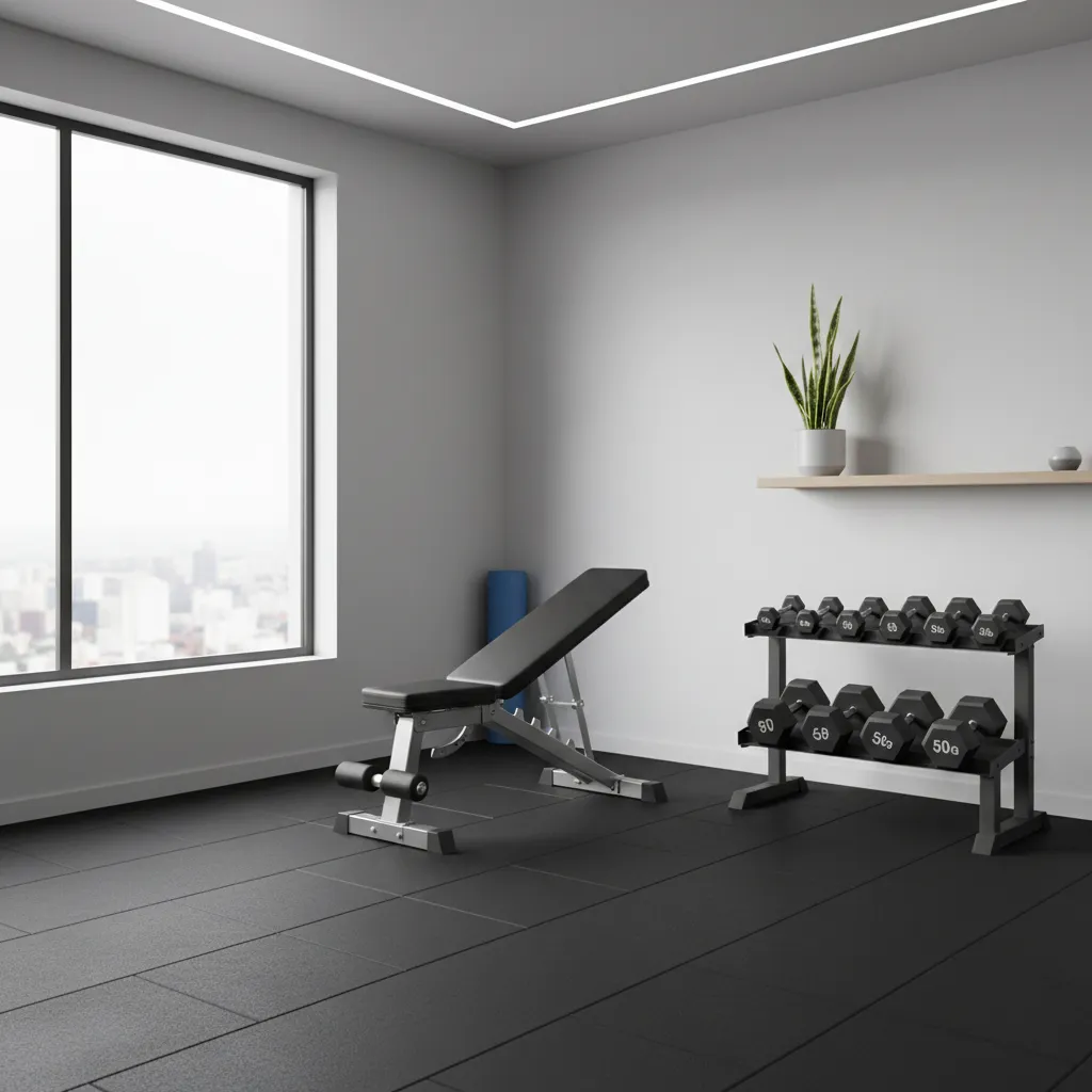 Small apartment home gym layout with bench and dumbbells arranged safely