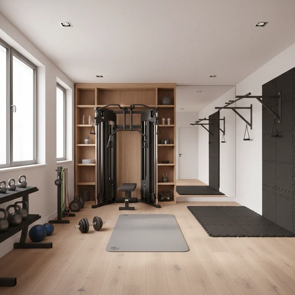 Compact home gym with clear center workout space and equipment along walls