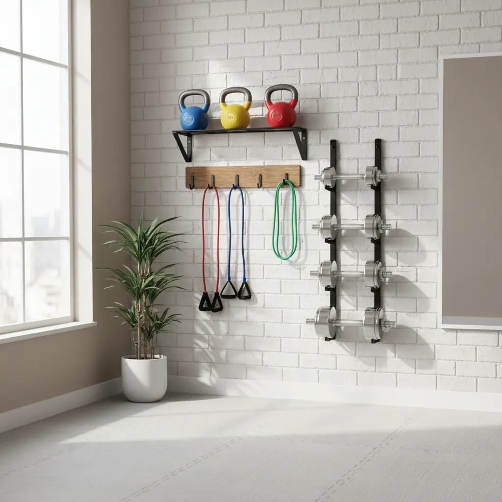 Gimnasio doméstico con almacenamiento vertical en la pared
