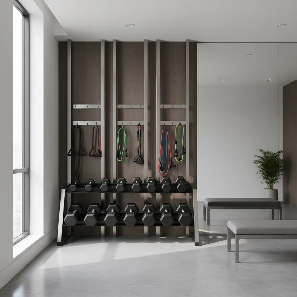 Gimnasio compacto en casa con almacenamiento vertical
