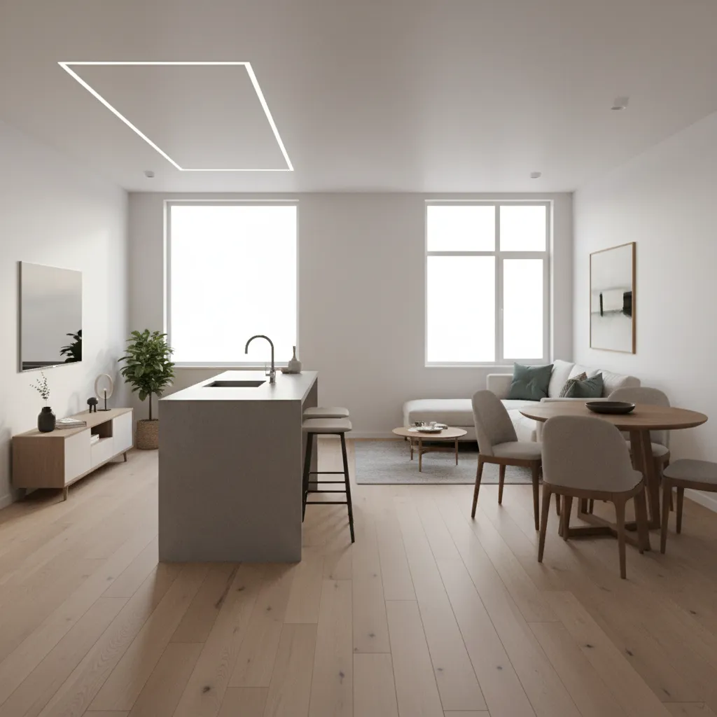 Small house open floor plan showing living dining and kitchen zones