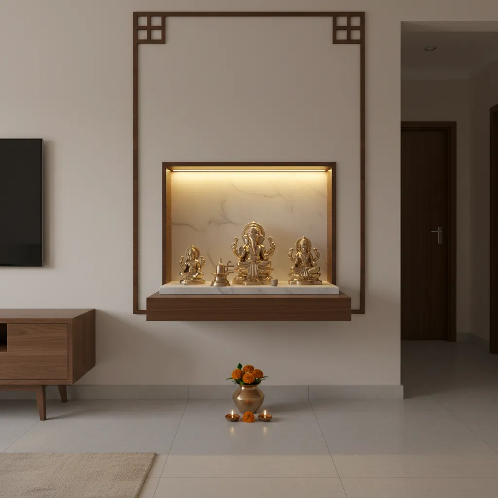 small wall niche pooja room with warm LED strip lighting