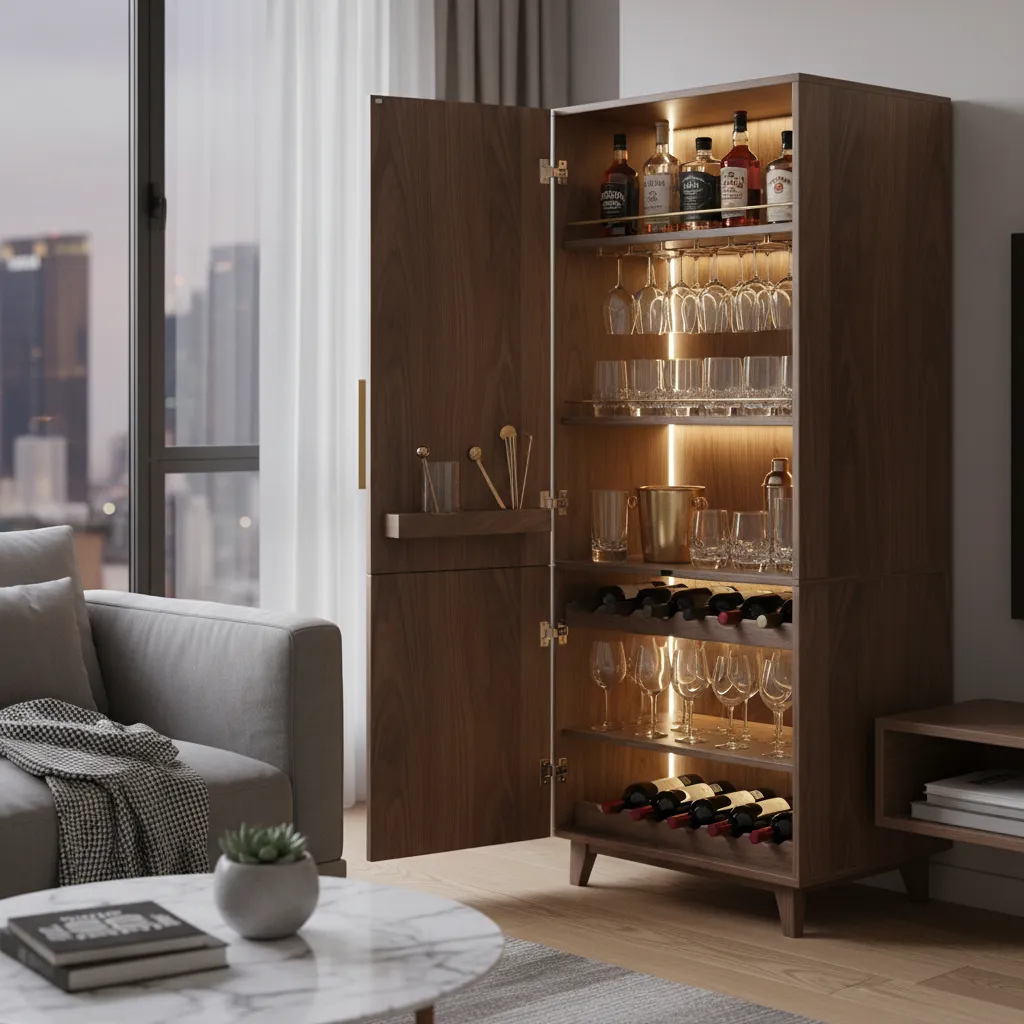 Mini bar doméstico compacto dentro de un mueble