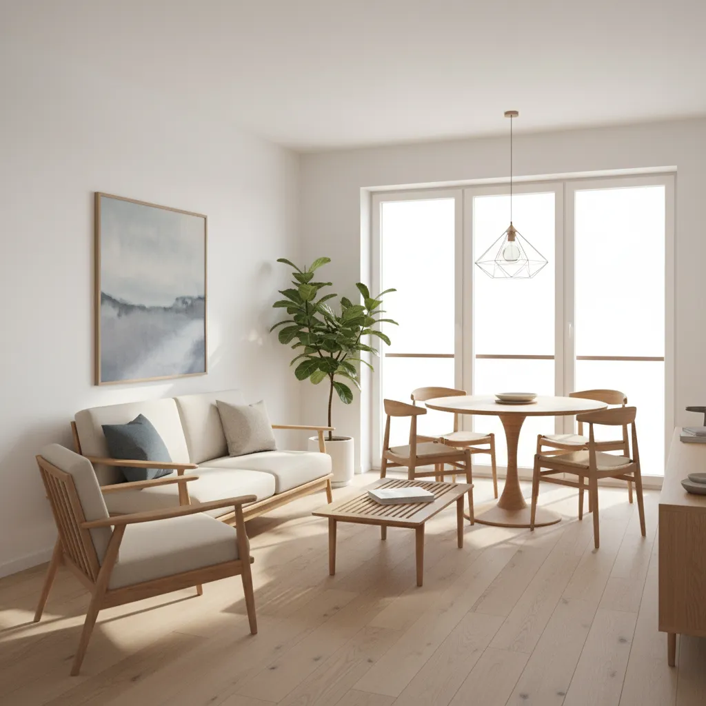 Minimalist living room with wooden furniture cream sofa round dining table ceiling light and plant