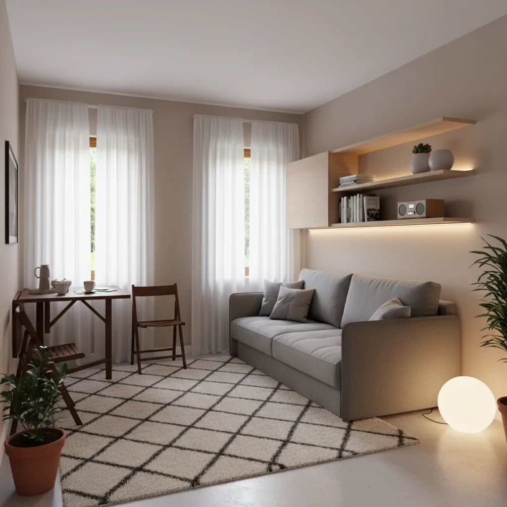 Multi functional living room in a compact home with convertible furniture