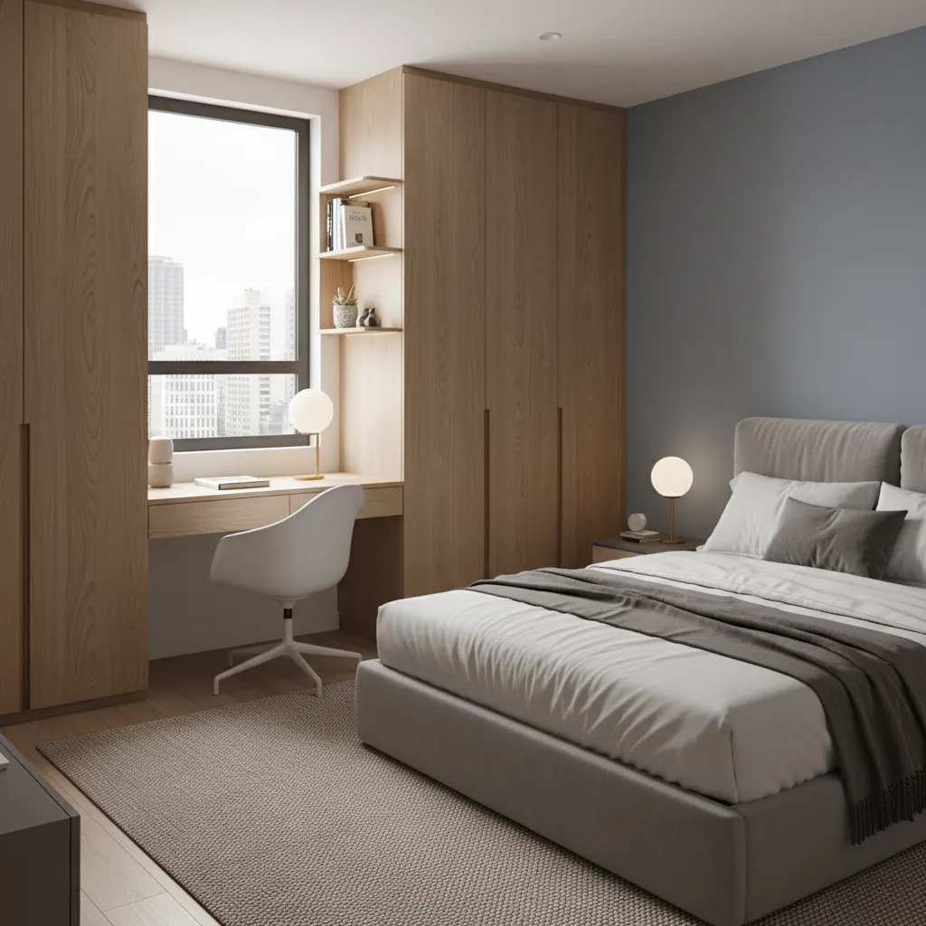 Compact home office desk integrated into bedroom wardrobe in a modern apartment