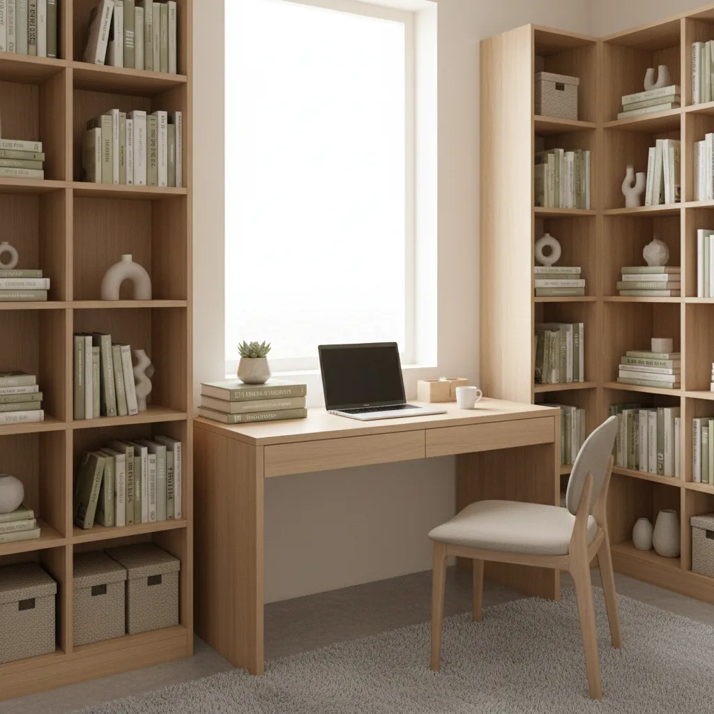 Small home office desk with books organized on shelves and minimal desk clutter