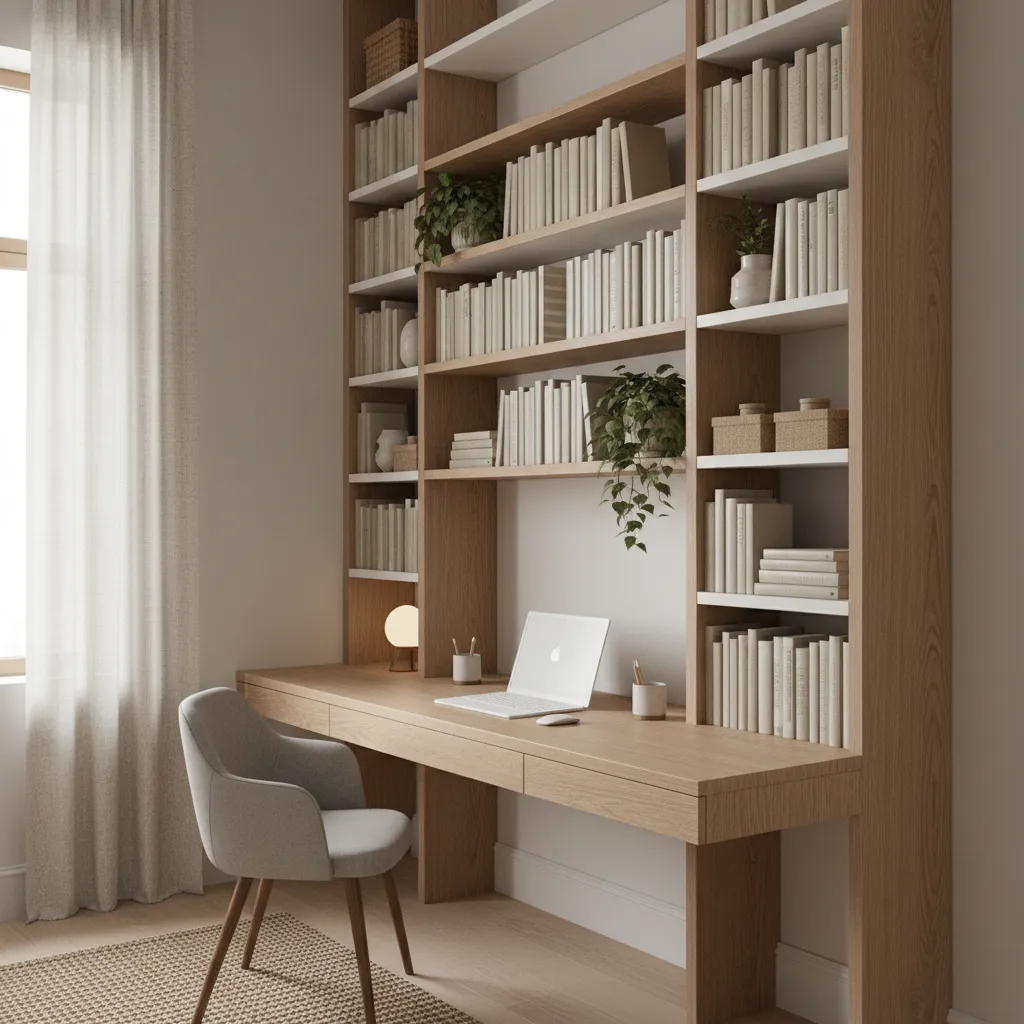 Home office with wooden wall bookshelf desk holding laptop and grey chair plus floor rug