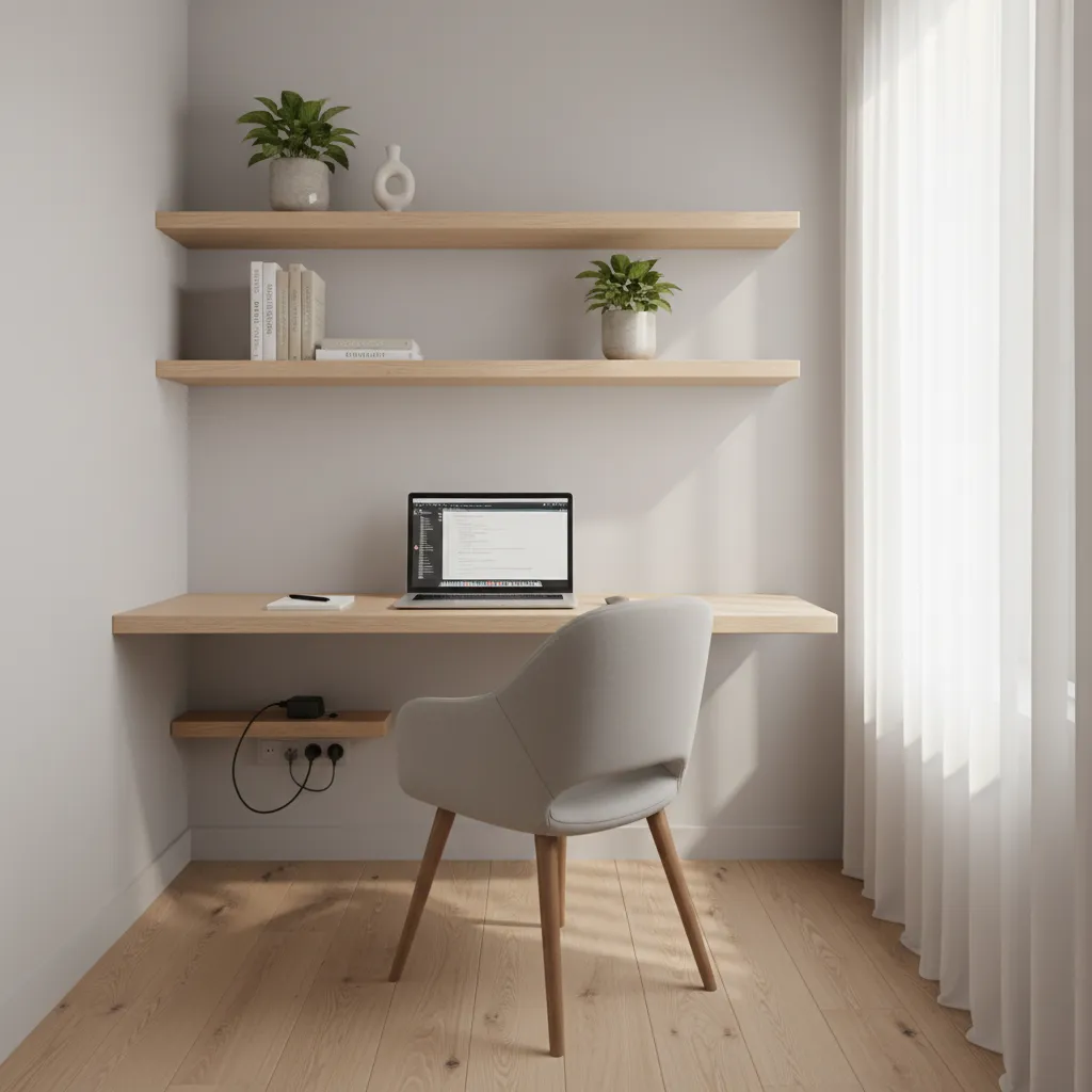 Compact home office with wall desk and shelves