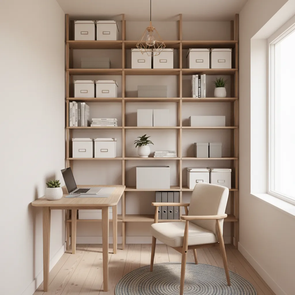 Small home office with wooden desk white chair laptop and a large wall storage shelf