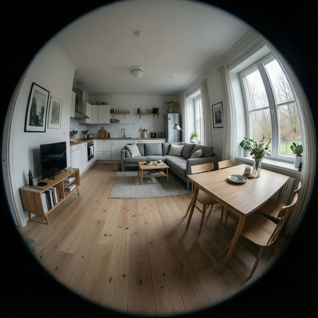 open layout interior of a compact 750 sq ft house showing living and kitchen areas