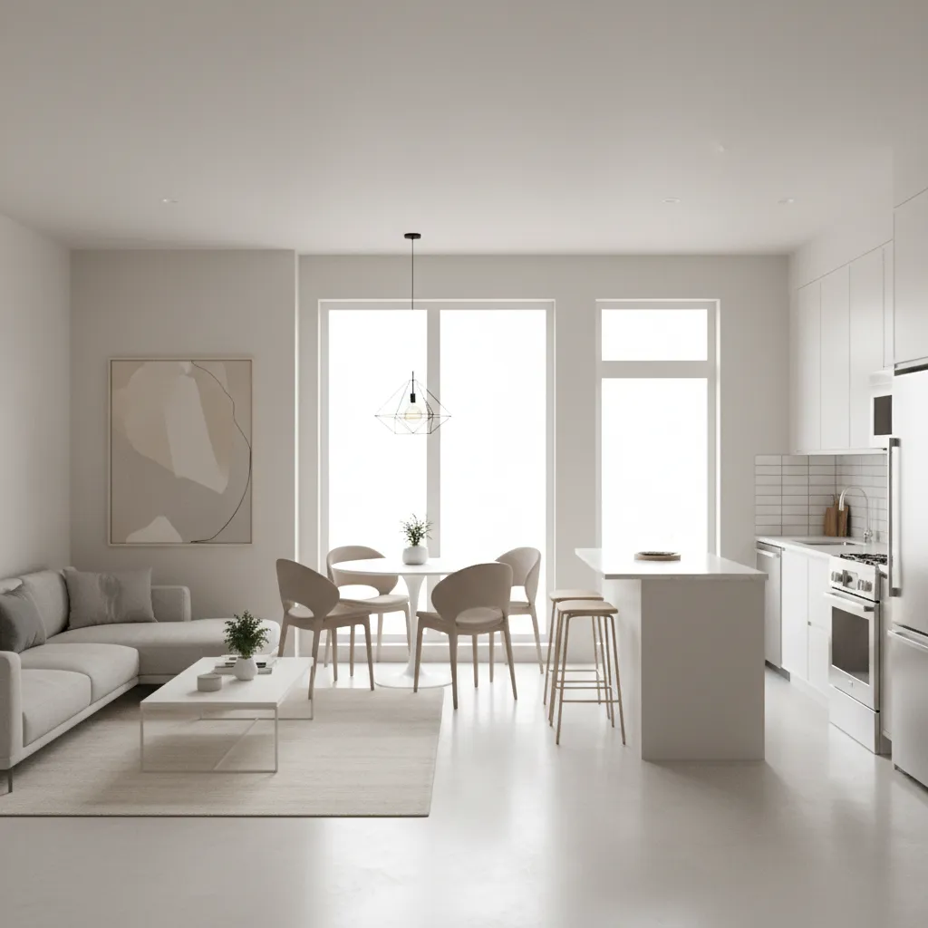 Open layout small house interior showing living kitchen zone in compact home