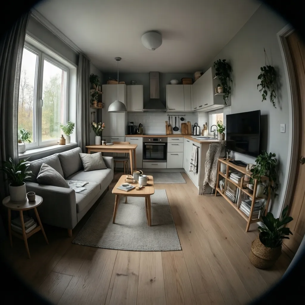 Small studio apartment with grey sofa, wooden coffee table, white kitchen cabinets, and green plants