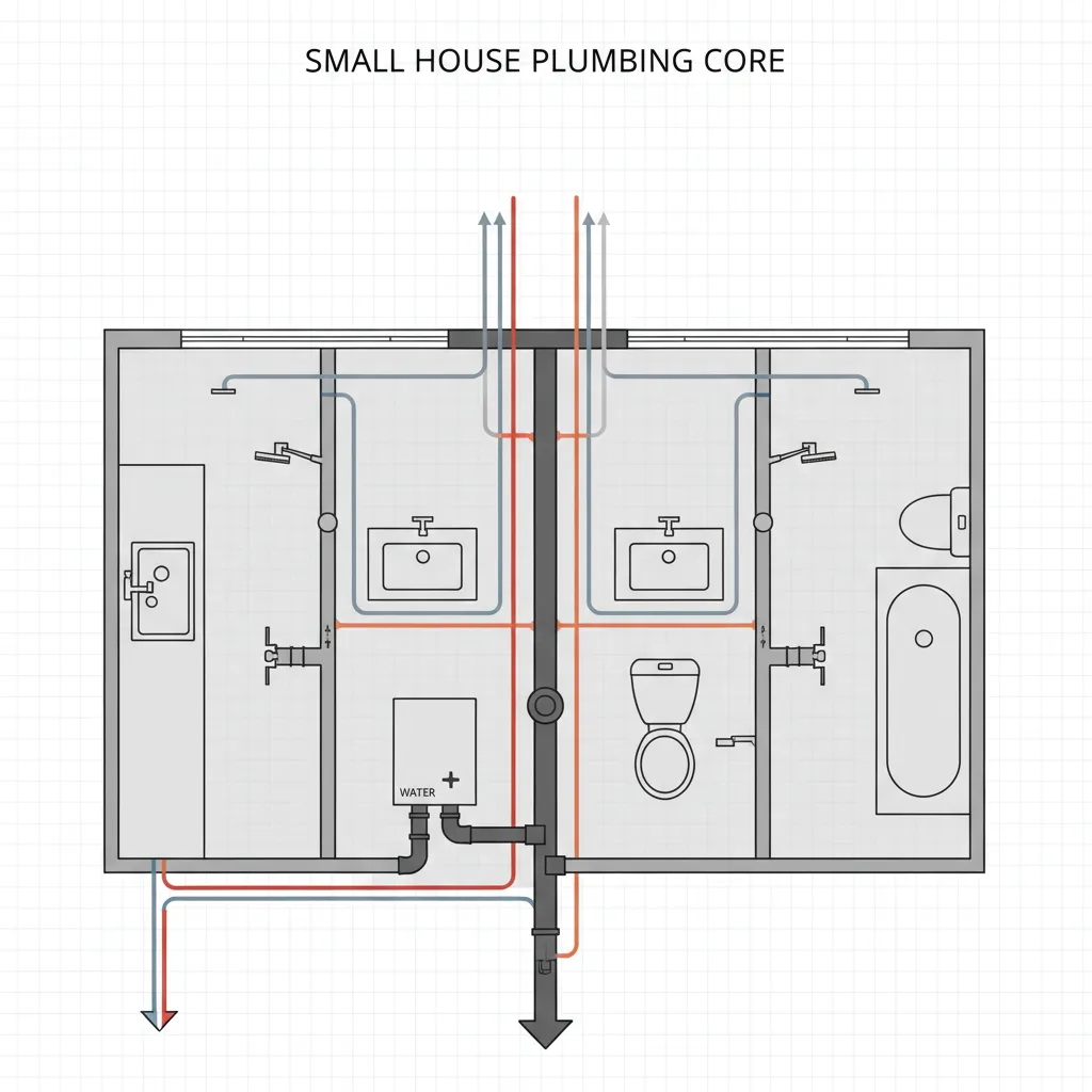 Small home layout with stacked plumbing walls between kitchen and bathrooms