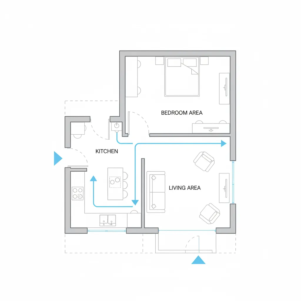 Compact 1000 sq ft house layout diagram showing efficient circulation