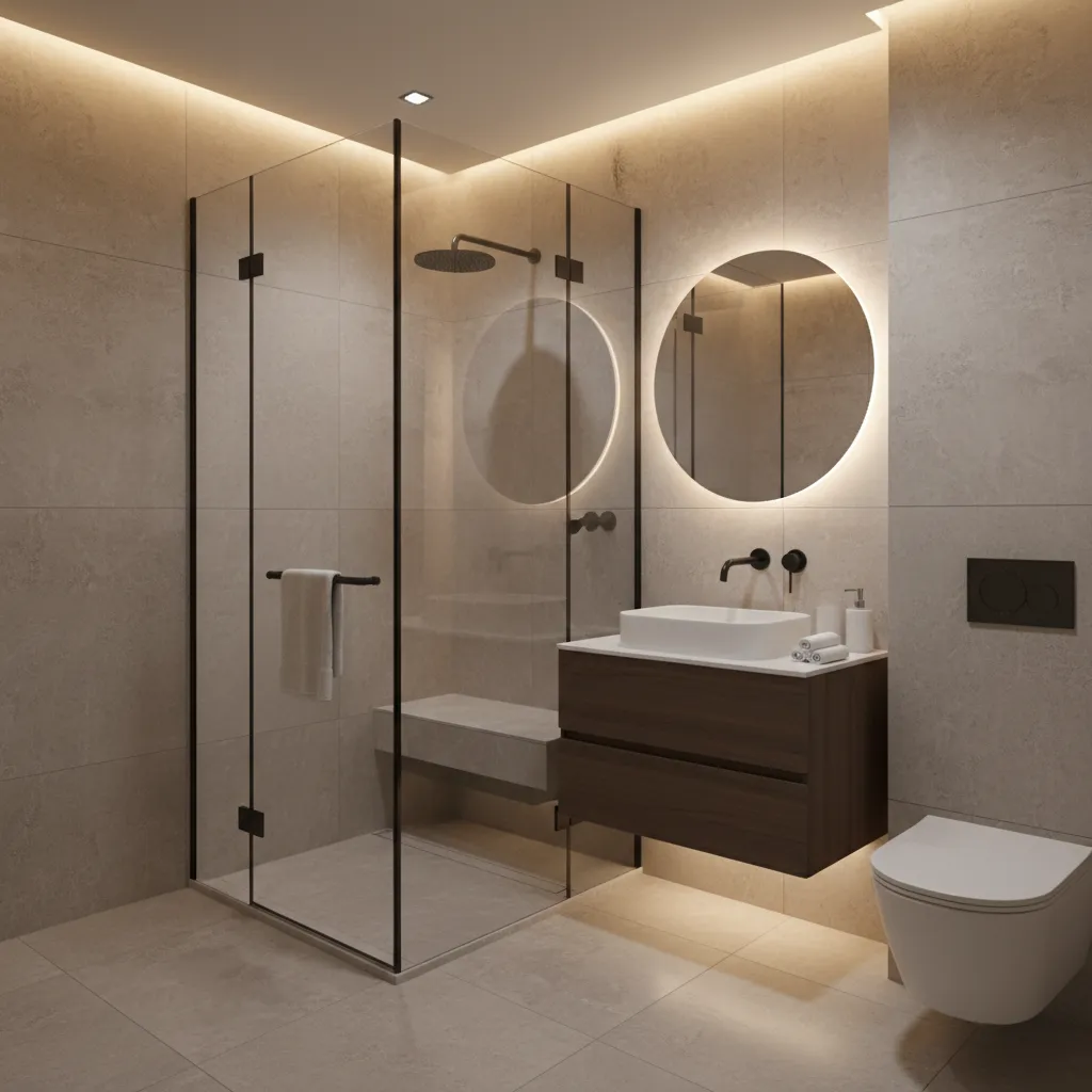 compact steam shower integrated in small modern bathroom