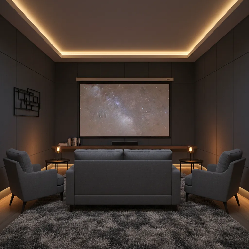Small home theatre seating arrangement with loveseat and side chairs