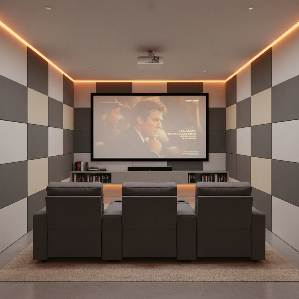 Small home theater room with a single optimized seating row and projector screen