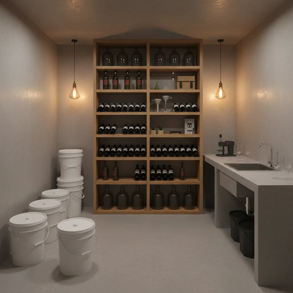 Small wine making room with fermentation buckets and vertical storage shelves