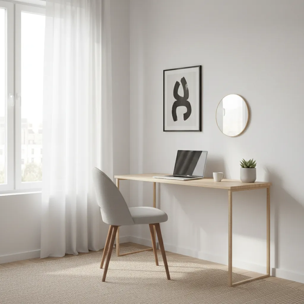 Minimalist wooden desk with laptop next to a window with white curtains and grey chair
