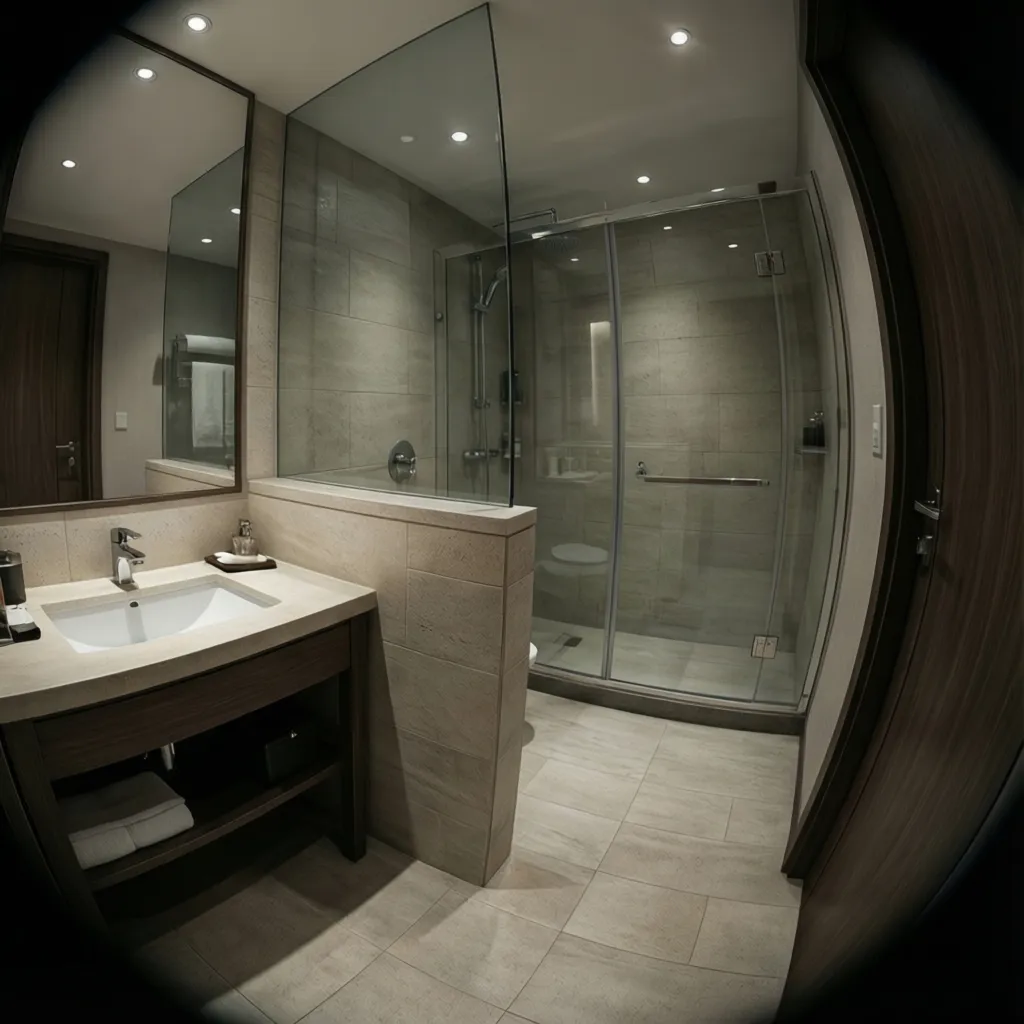 Compact hotel bathroom with pony wall separating shower and sink