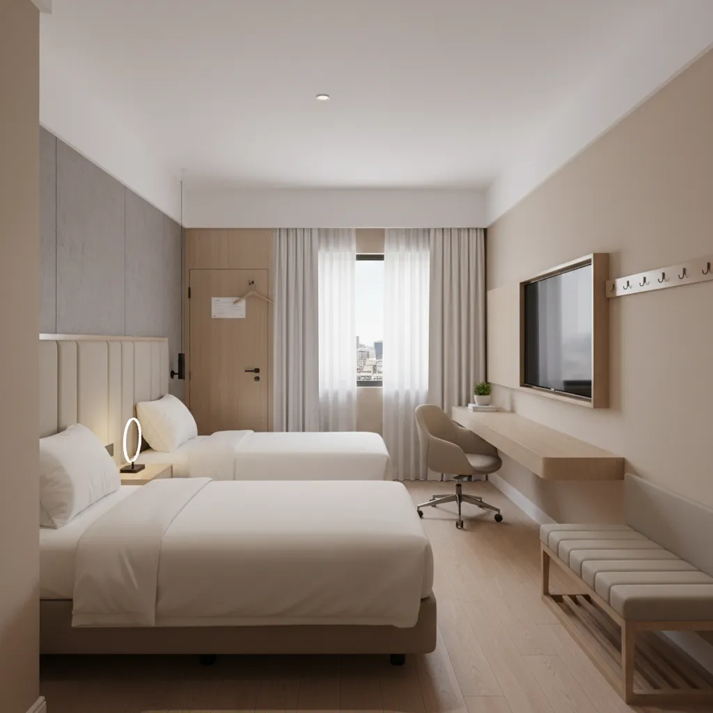 Compact hotel guest room with twin beds desk and luggage bench