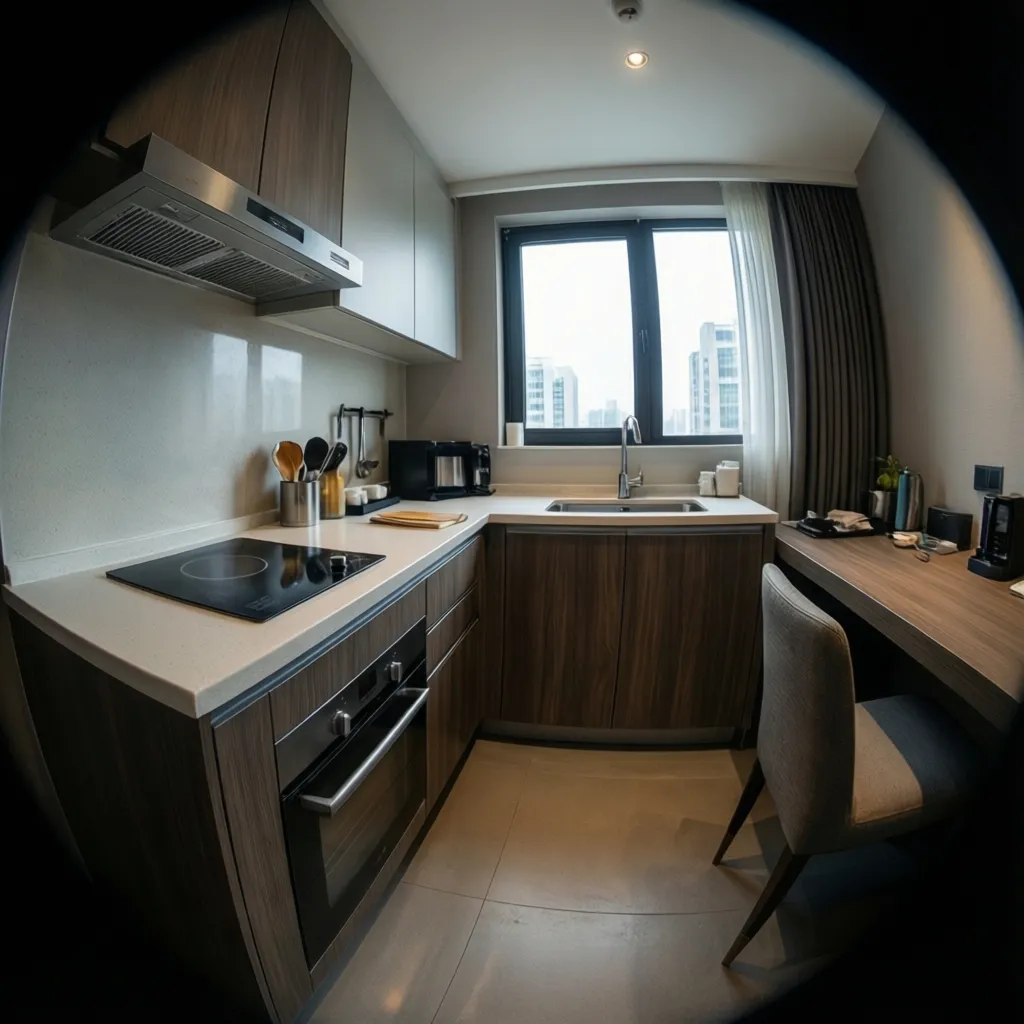 Small but functional hotel kitchen design with efficient layout