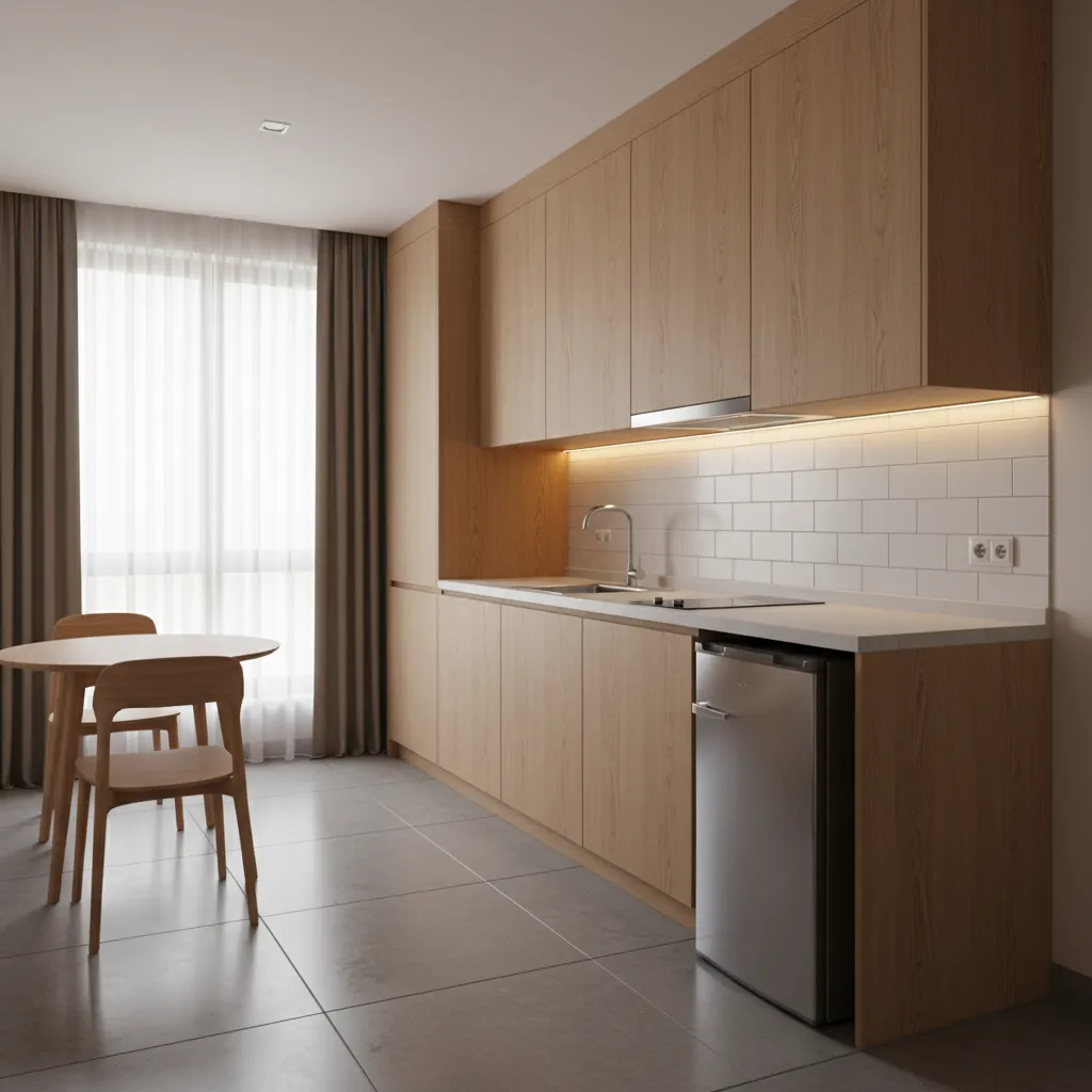 Compact hotel suite kitchen layout with cabinets sink and cooktop