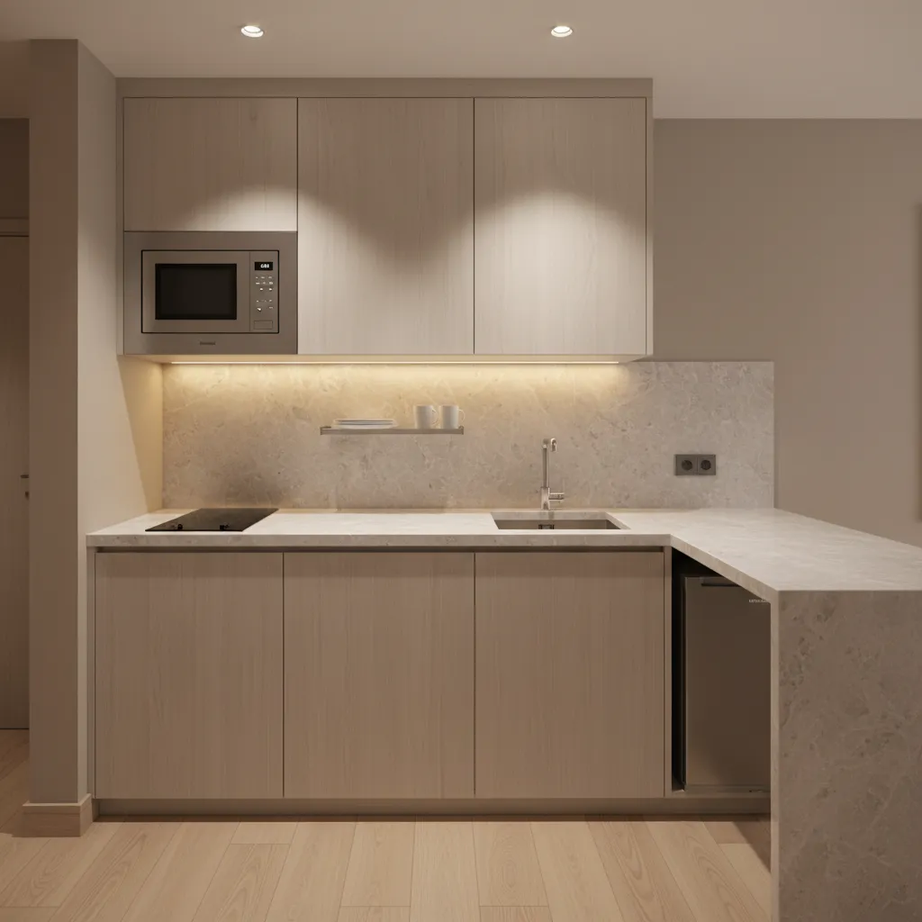 Compact hotel kitchenette with cabinets, microwave, and stovetop