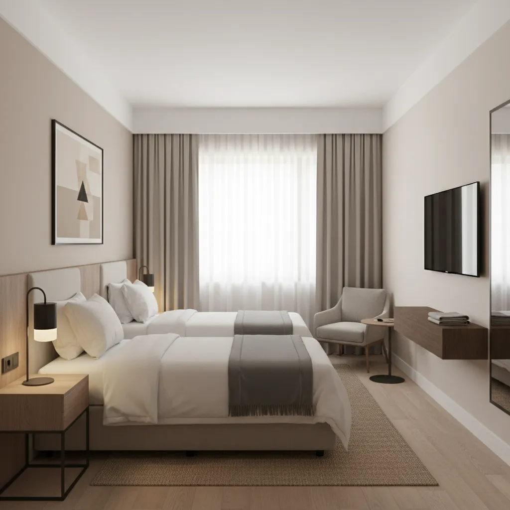 Compact hotel room showing two twin beds with central aisle